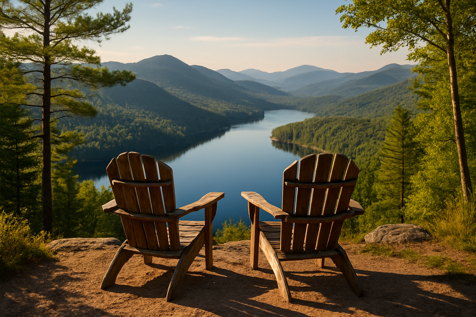 adirondack mountains with two chairs looking over lake with mountains
